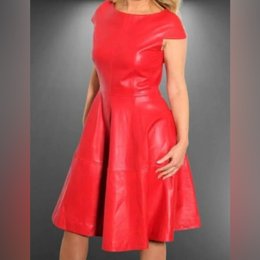 Women's Round Neck Red leather Stylish Party WearDress.